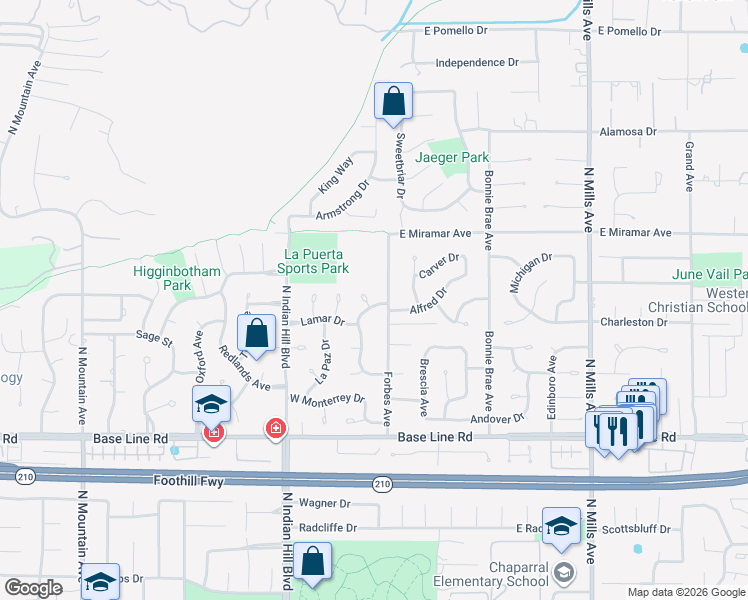 map of restaurants, bars, coffee shops, grocery stores, and more near 2343 Navarro Drive in Claremont
