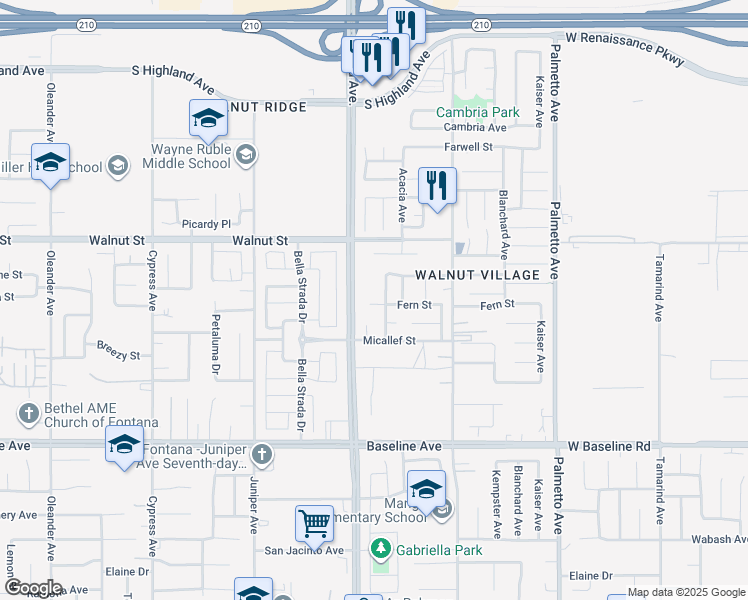 map of restaurants, bars, coffee shops, grocery stores, and more near 16938 Fern Street in Fontana