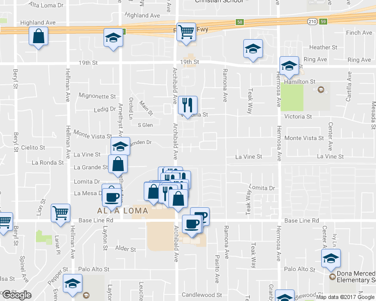 map of restaurants, bars, coffee shops, grocery stores, and more near 7038 Wakefield Court in Rancho Cucamonga