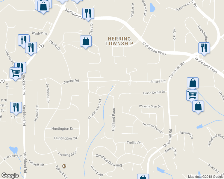 map of restaurants, bars, coffee shops, grocery stores, and more near 3040 Highland Pass in Alpharetta