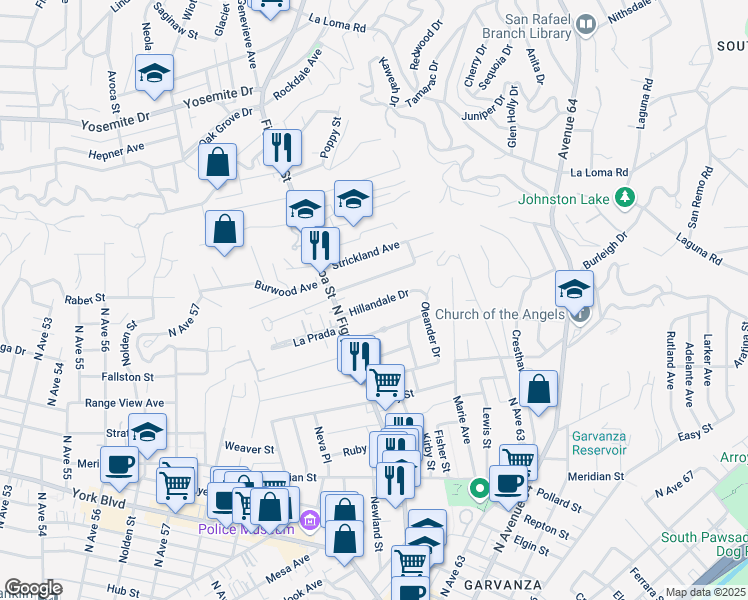 map of restaurants, bars, coffee shops, grocery stores, and more near 6143 Hillandale Drive in Los Angeles