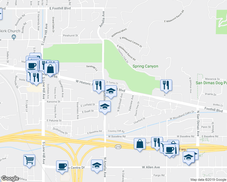 map of restaurants, bars, coffee shops, grocery stores, and more near 631 Wild Rose Lane in San Dimas