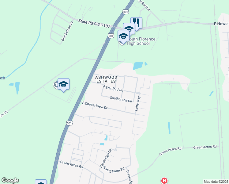 map of restaurants, bars, coffee shops, grocery stores, and more near 216 East Branford Road in Florence