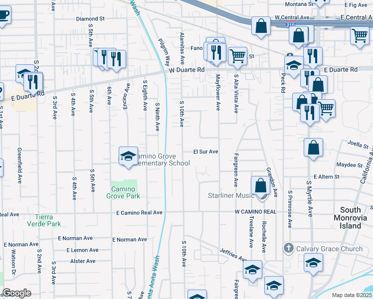 map of restaurants, bars, coffee shops, grocery stores, and more near 1001 El Sur Avenue in Arcadia