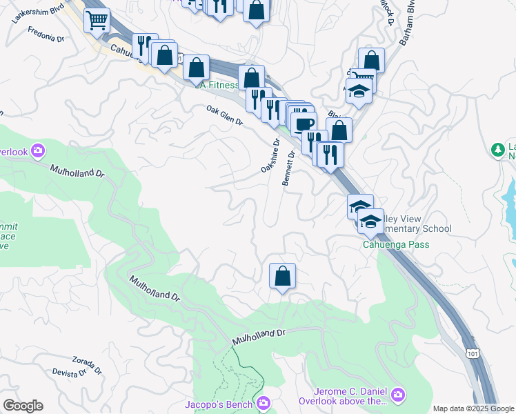 map of restaurants, bars, coffee shops, grocery stores, and more near 2992 Passmore Drive in Los Angeles