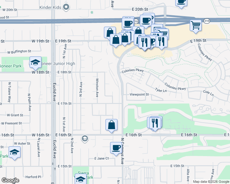 map of restaurants, bars, coffee shops, grocery stores, and more near 1736 Fernbrook Avenue in Upland