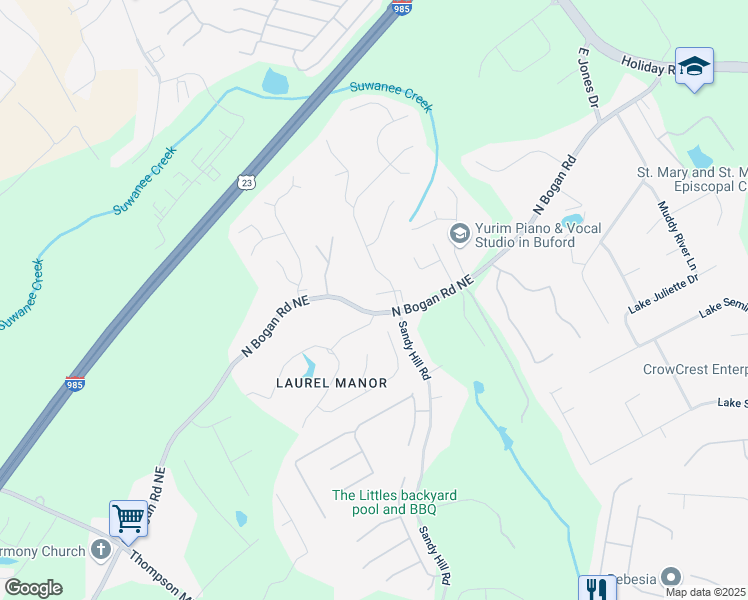 map of restaurants, bars, coffee shops, grocery stores, and more near 3179 Falls Crest Court in Buford