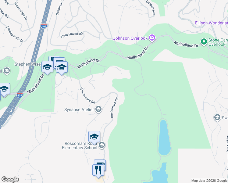 map of restaurants, bars, coffee shops, grocery stores, and more near 2640 Roscomare Road in Los Angeles