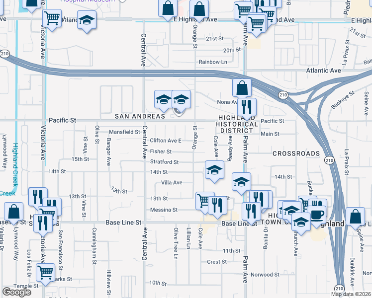 map of restaurants, bars, coffee shops, grocery stores, and more near 27034 Fisher Street in Highland