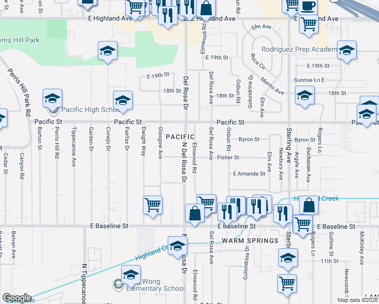 map of restaurants, bars, coffee shops, grocery stores, and more near 7016 Elmwood Road in San Bernardino