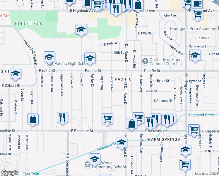map of restaurants, bars, coffee shops, grocery stores, and more near 7016 Glasgow Avenue in San Bernardino