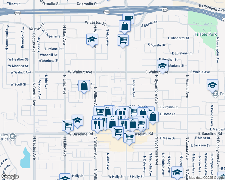 map of restaurants, bars, coffee shops, grocery stores, and more near 150 West Cascade Drive in Rialto