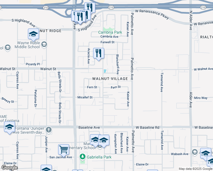 map of restaurants, bars, coffee shops, grocery stores, and more near 17152 Fern Street in Fontana