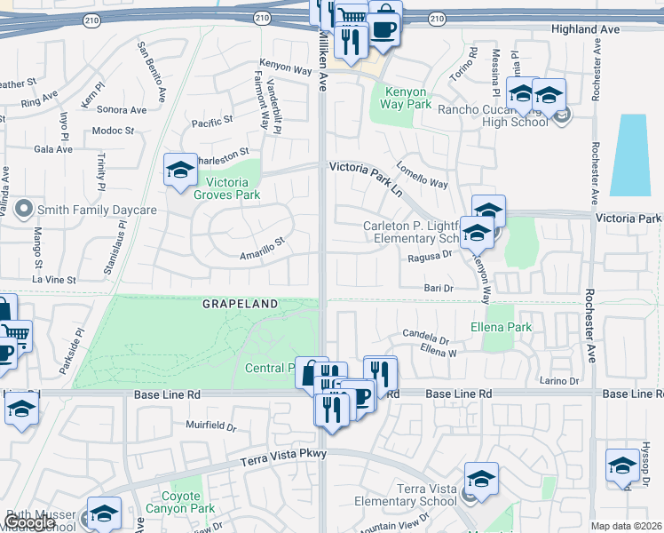 map of restaurants, bars, coffee shops, grocery stores, and more near 7030 Mantova Place in Rancho Cucamonga