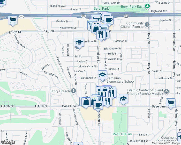 map of restaurants, bars, coffee shops, grocery stores, and more near 7041 Topaz Street in Rancho Cucamonga