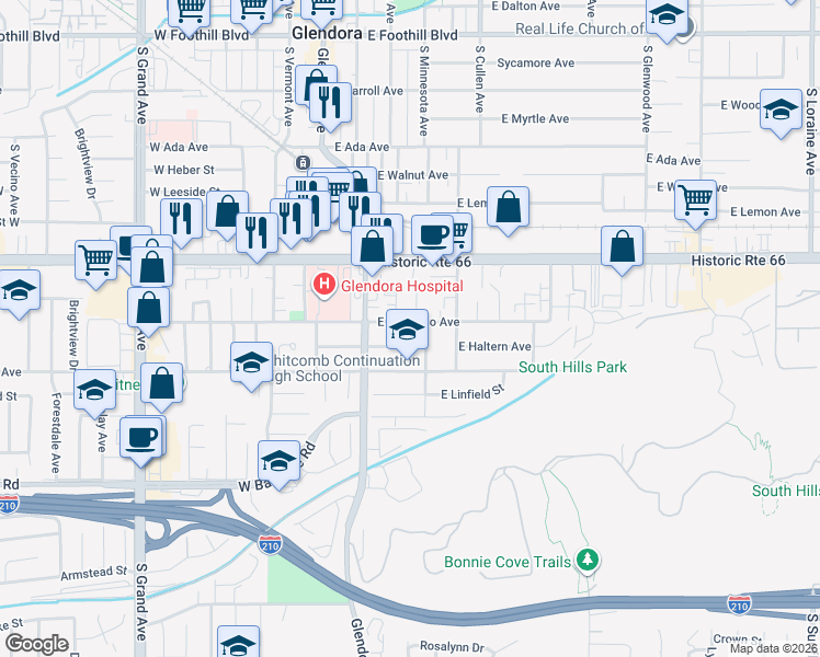 map of restaurants, bars, coffee shops, grocery stores, and more near 202 East Colorado Avenue in Glendora