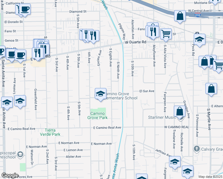map of restaurants, bars, coffee shops, grocery stores, and more near 1210 South Eighth Avenue in Arcadia