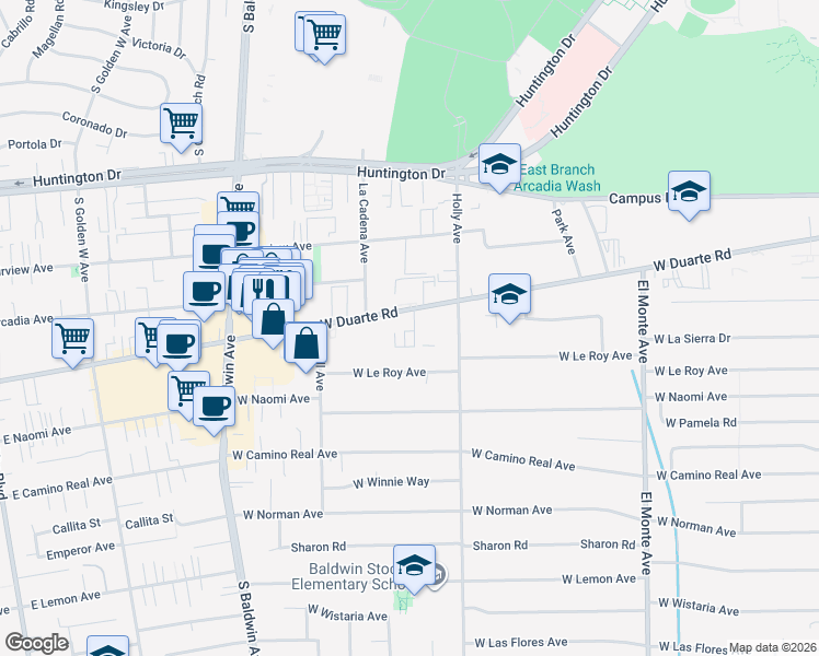map of restaurants, bars, coffee shops, grocery stores, and more near 456 West Duarte Road in Arcadia