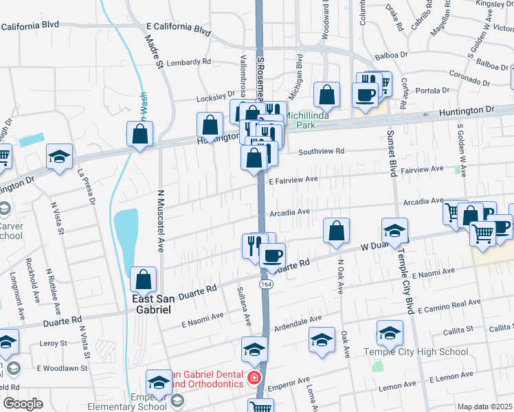 map of restaurants, bars, coffee shops, grocery stores, and more near 8939 Arcadia Avenue in San Gabriel