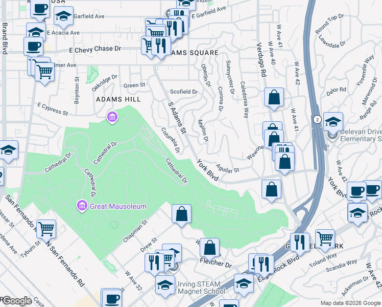 map of restaurants, bars, coffee shops, grocery stores, and more near 1615 South Adams Street in Glendale