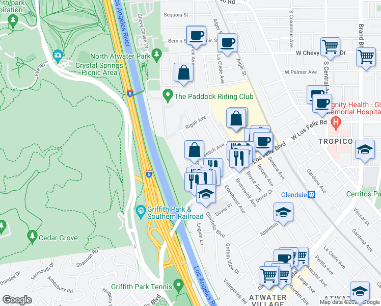 map of restaurants, bars, coffee shops, grocery stores, and more near 4115 Garden Avenue in Los Angeles
