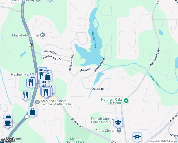 map of restaurants, bars, coffee shops, grocery stores, and more near 1465 Laleiah Drive in Cumming