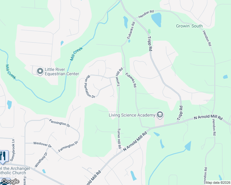 map of restaurants, bars, coffee shops, grocery stores, and more near 6019 Turner Hill Road in Woodstock