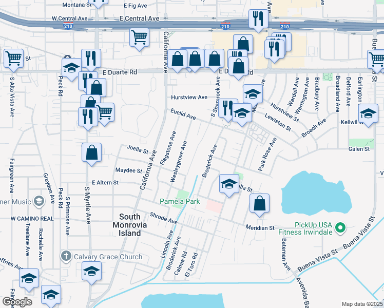 map of restaurants, bars, coffee shops, grocery stores, and more near 2103 Goodall Avenue in Duarte