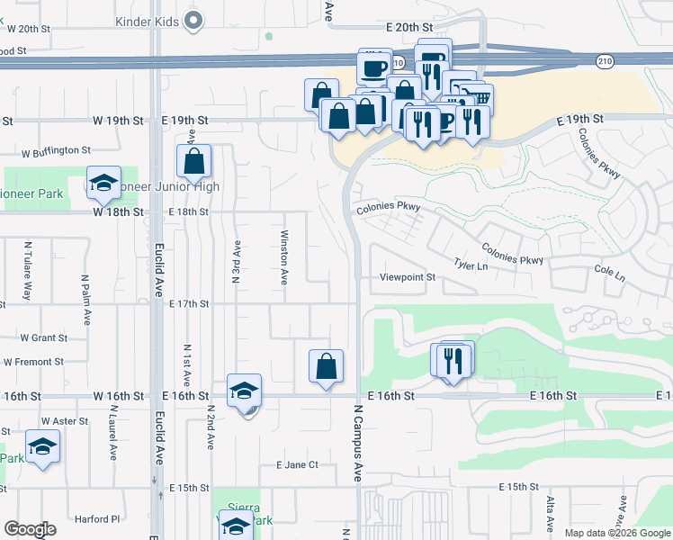 map of restaurants, bars, coffee shops, grocery stores, and more near 1736 Fernbrook Avenue in Upland