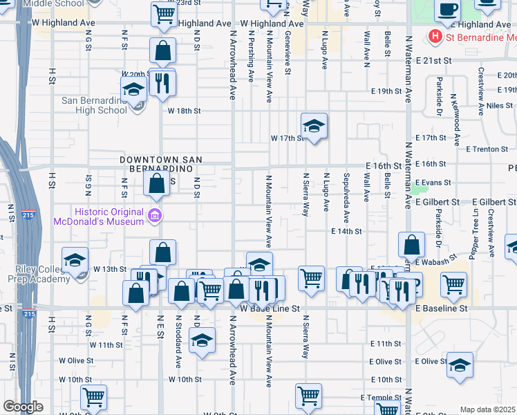 map of restaurants, bars, coffee shops, grocery stores, and more near 233 Magnolia Avenue in San Bernardino