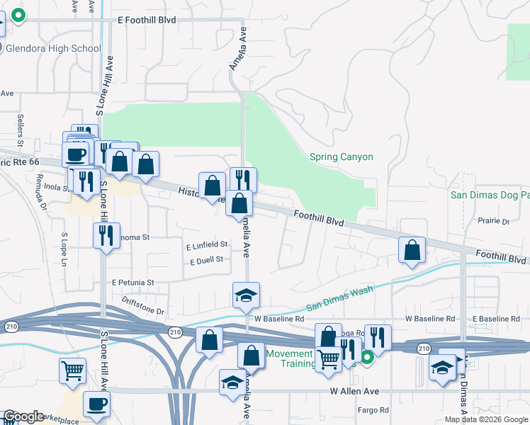map of restaurants, bars, coffee shops, grocery stores, and more near 637 Wild Rose Lane in San Dimas