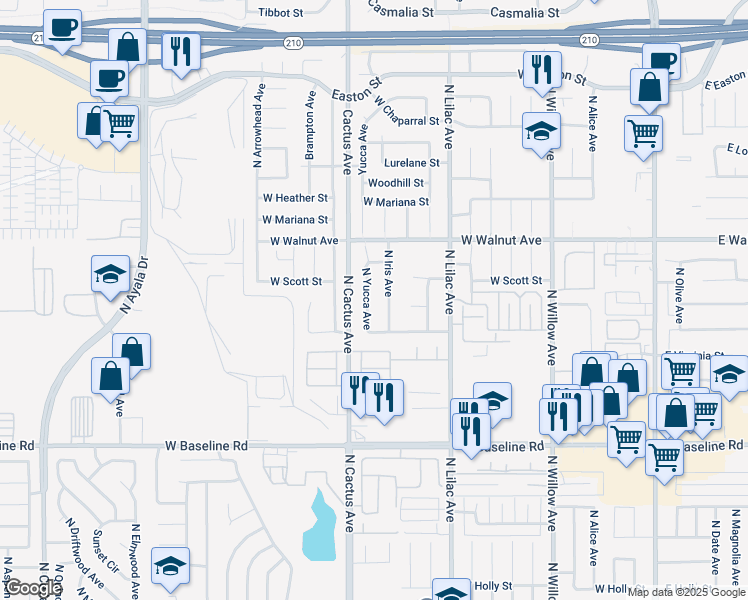 map of restaurants, bars, coffee shops, grocery stores, and more near 1483 North Yucca Avenue in Rialto