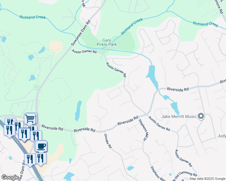 map of restaurants, bars, coffee shops, grocery stores, and more near Austin Creek Drive in Buford