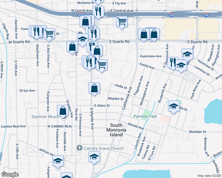 map of restaurants, bars, coffee shops, grocery stores, and more near 303 East El Sur Street in Monrovia