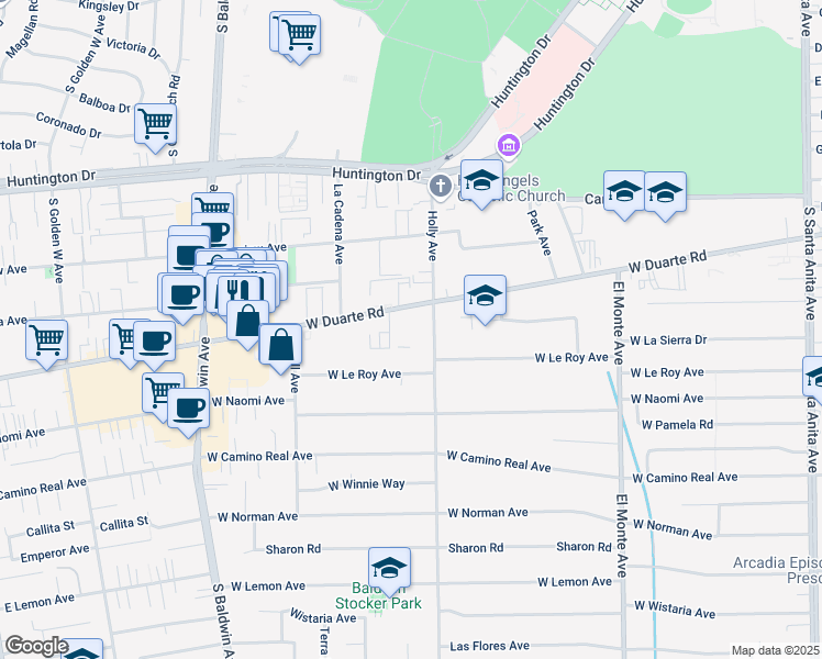 map of restaurants, bars, coffee shops, grocery stores, and more near 404 West Duarte Road in Arcadia