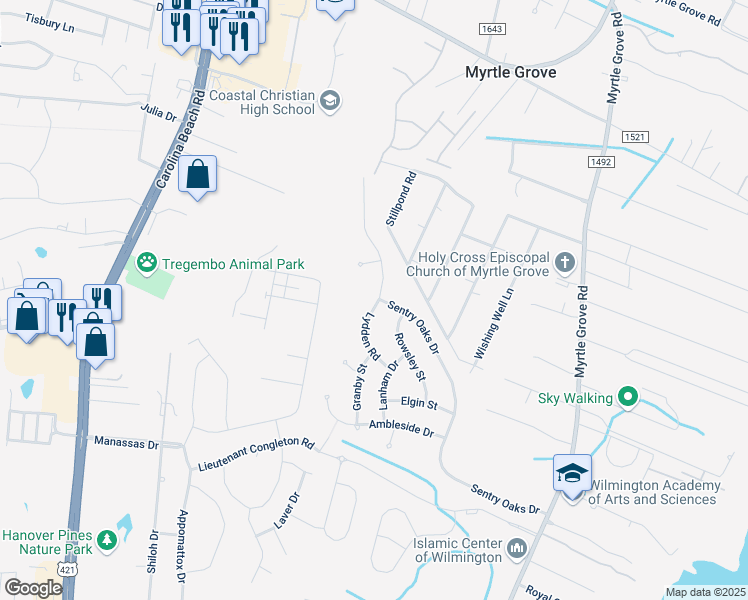map of restaurants, bars, coffee shops, grocery stores, and more near 6170 Lydden Road in Wilmington