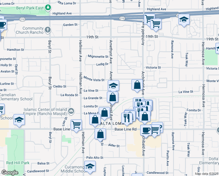 map of restaurants, bars, coffee shops, grocery stores, and more near 7034 Amethyst Avenue in Rancho Cucamonga