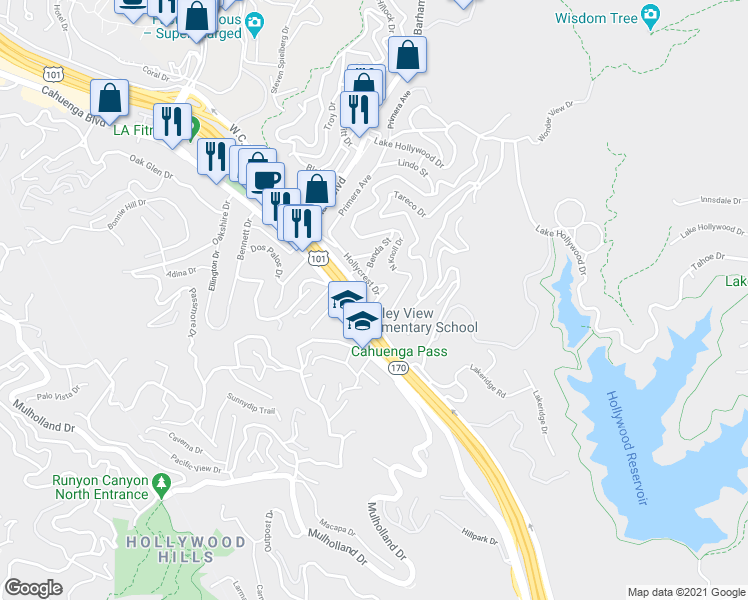 map of restaurants, bars, coffee shops, grocery stores, and more near 3023 1/2 Hollycrest Drive in Los Angeles