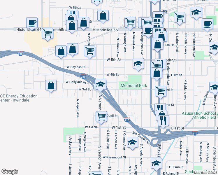 map of restaurants, bars, coffee shops, grocery stores, and more near 707 West 3rd Street in Azusa