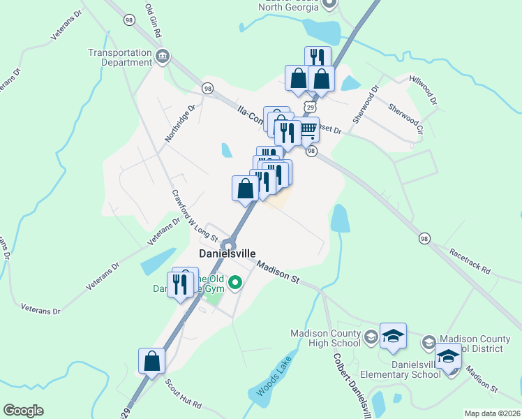 map of restaurants, bars, coffee shops, grocery stores, and more near 8 Mama B Drive in Danielsville