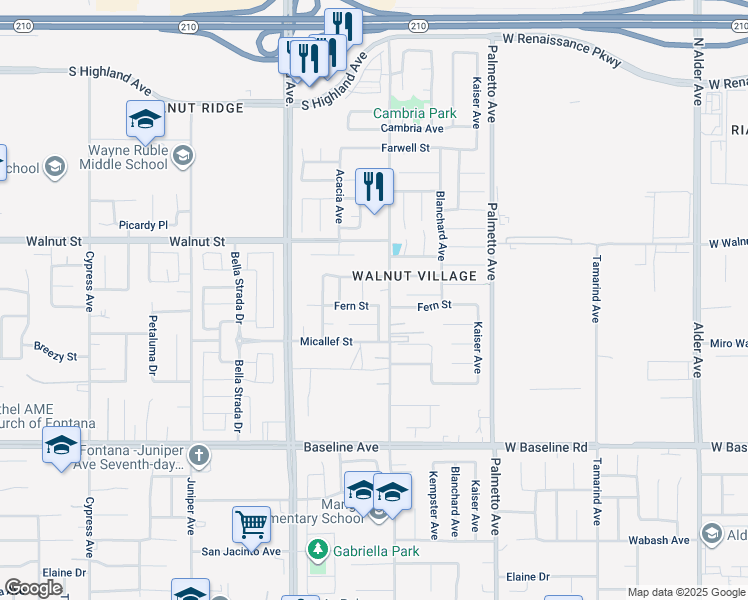 map of restaurants, bars, coffee shops, grocery stores, and more near 17072 Fern Street in Fontana