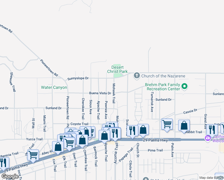 map of restaurants, bars, coffee shops, grocery stores, and more near 6980 Mohawk Trail in Yucca Valley