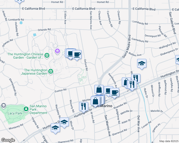 map of restaurants, bars, coffee shops, grocery stores, and more near 1166 Oxford Road in San Marino