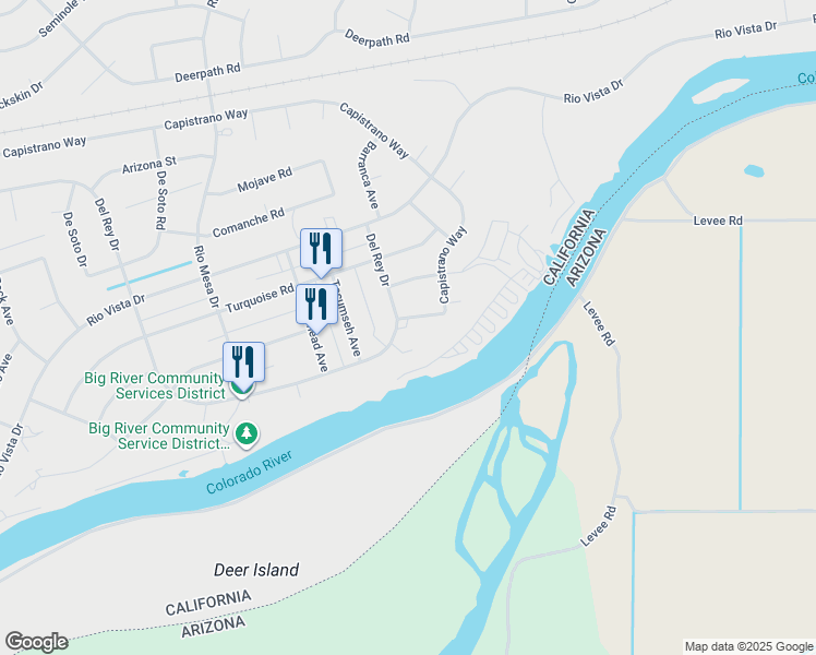 map of restaurants, bars, coffee shops, grocery stores, and more near 150624 Del Rey Drive in Big River