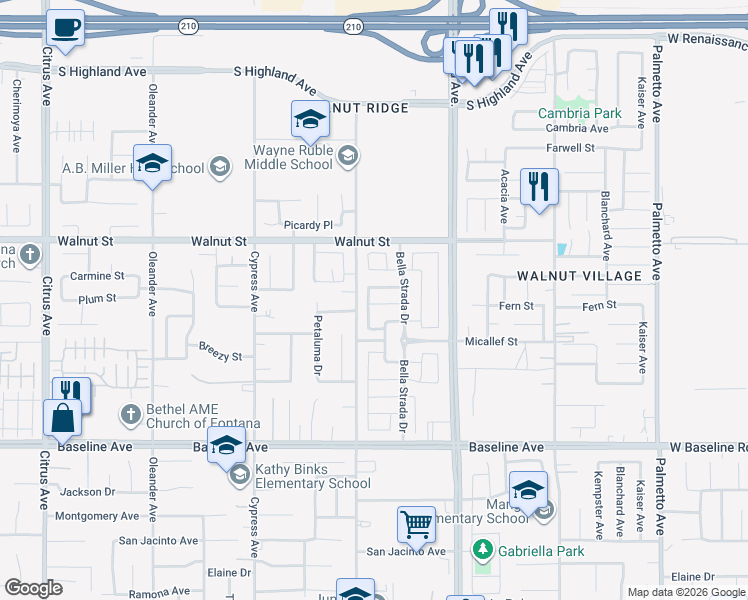 map of restaurants, bars, coffee shops, grocery stores, and more near 7015 Sweetleaf Drive in Fontana