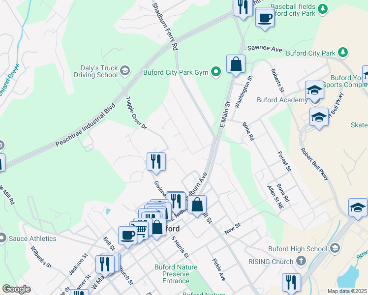 map of restaurants, bars, coffee shops, grocery stores, and more near 40 Stonehedge Drive in Buford