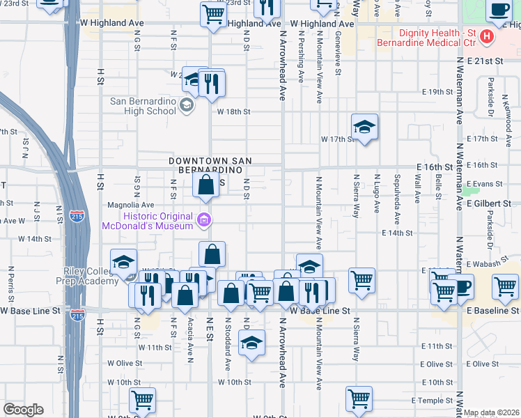 map of restaurants, bars, coffee shops, grocery stores, and more near 365 Magnolia Avenue in San Bernardino