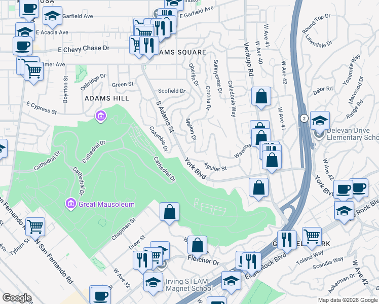 map of restaurants, bars, coffee shops, grocery stores, and more near 1112 Vincent Way in Glendale