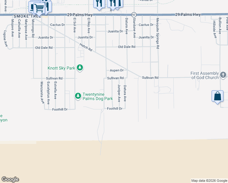 map of restaurants, bars, coffee shops, grocery stores, and more near 6965 49 Palms Avenue in Twentynine Palms