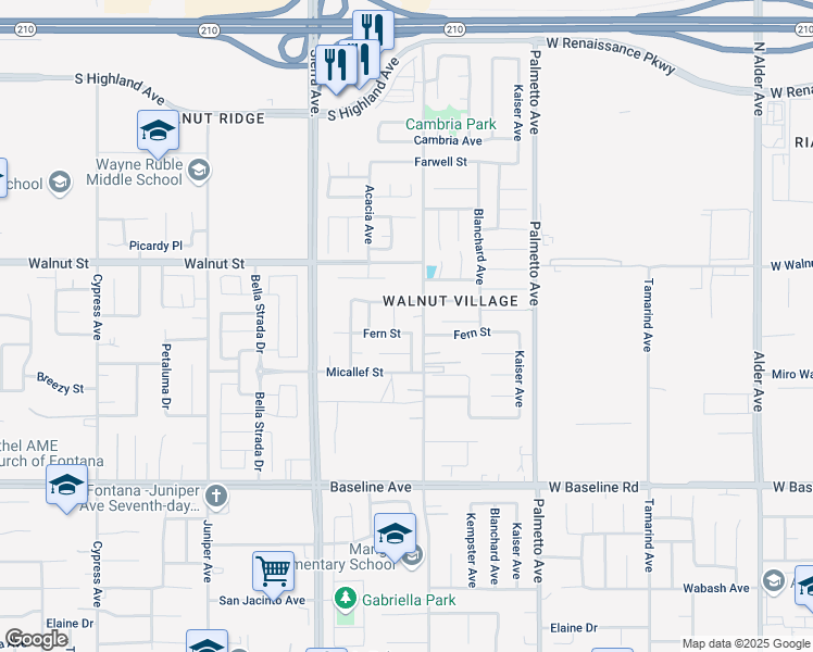 map of restaurants, bars, coffee shops, grocery stores, and more near 17072 Fern Street in Fontana
